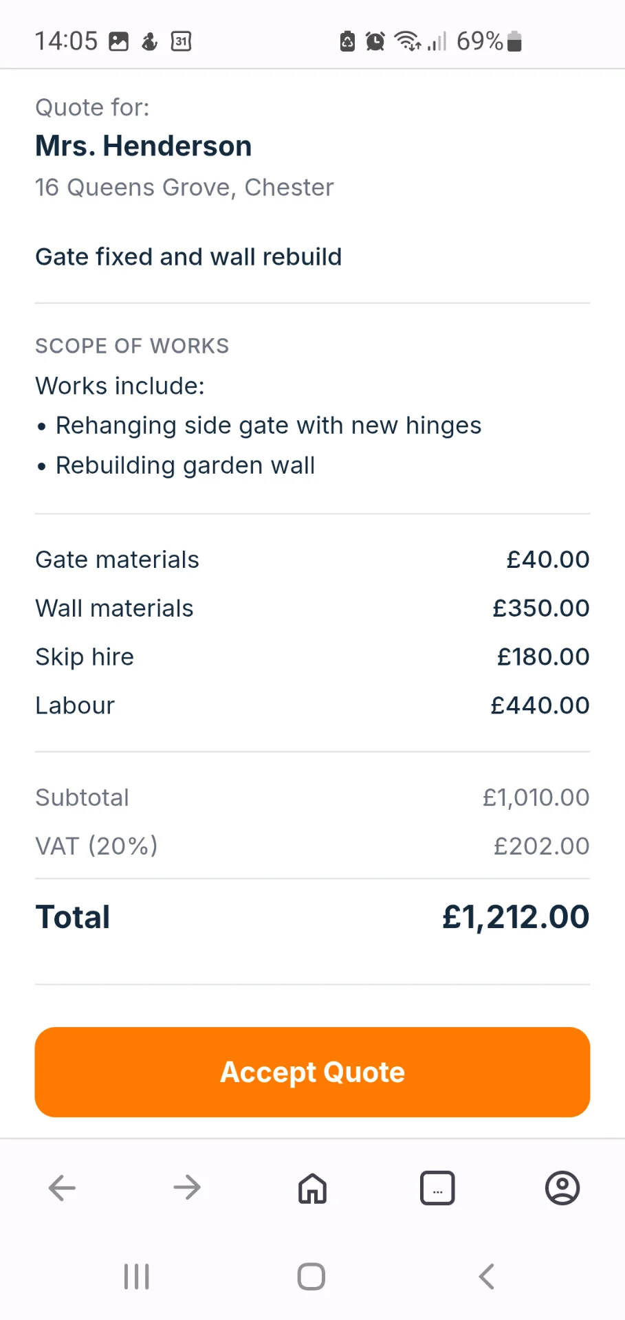 SmartTradie customer quote page with accept and decline buttons