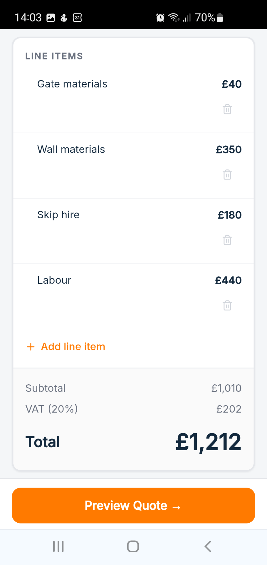 Review screen with editable line items and total