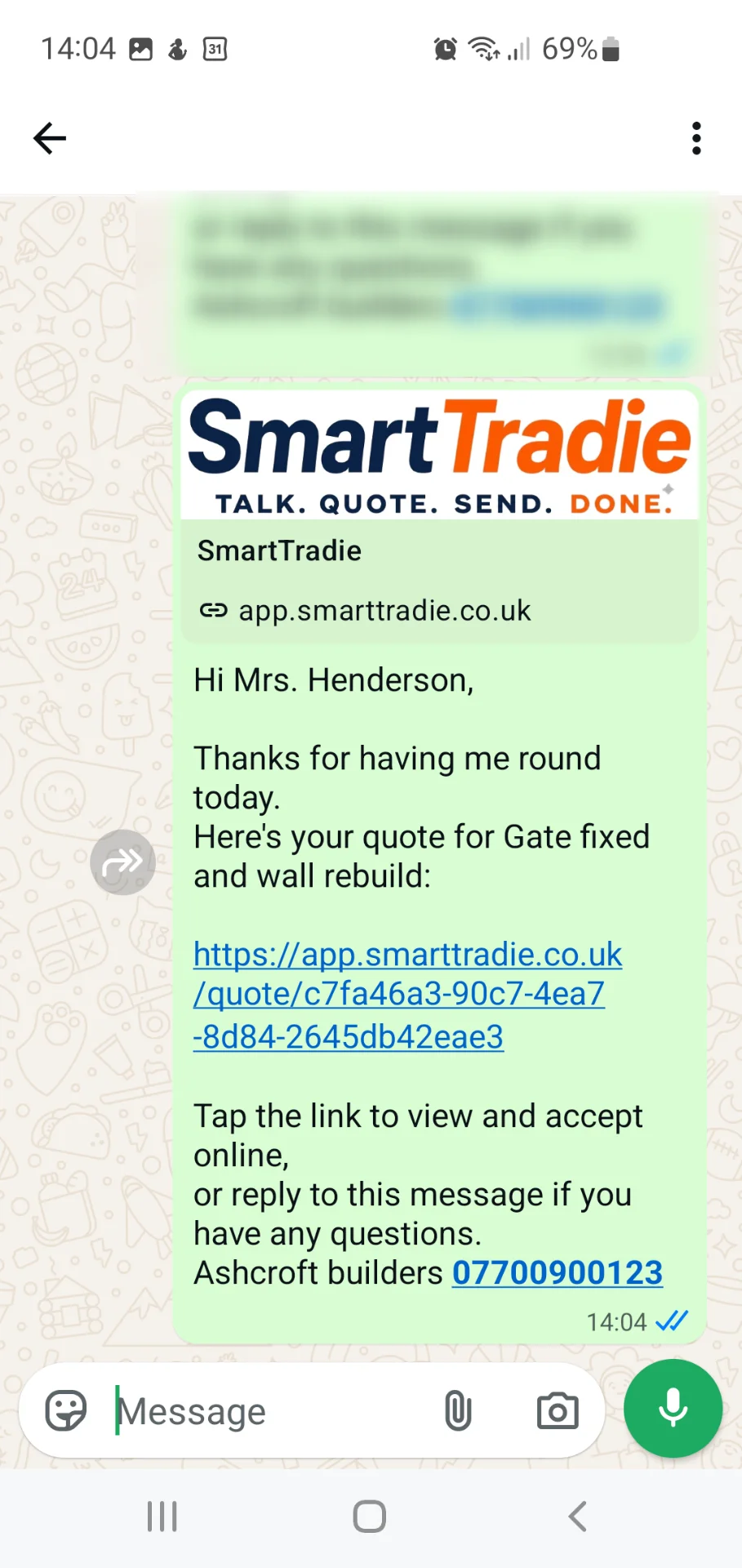 SmartTradie WhatsApp send screen for sharing a quote