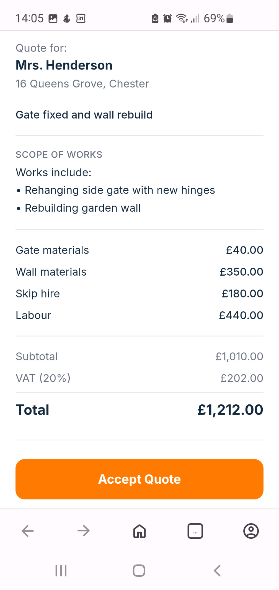 Customer view of quote with Accept Quote button