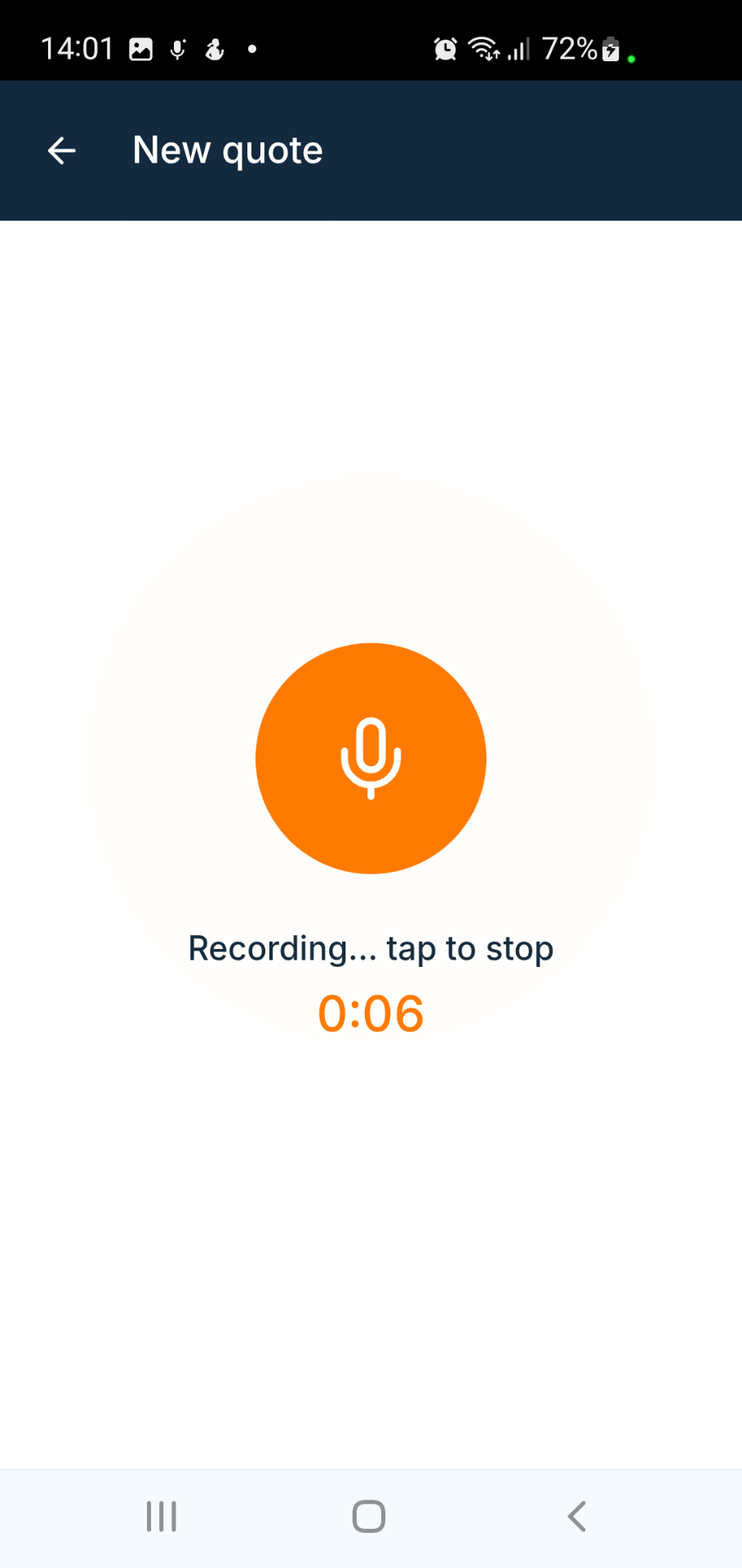 SmartTradie recording screen showing microphone and 0:06 timer