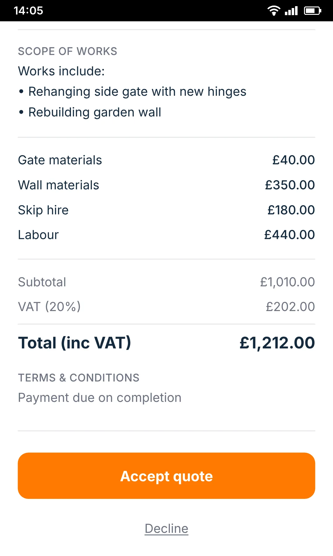 SmartTradie customer quote page with accept and decline buttons