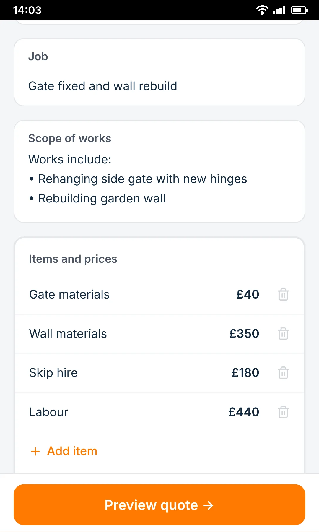 SmartTradie review screen showing quote details ready to check