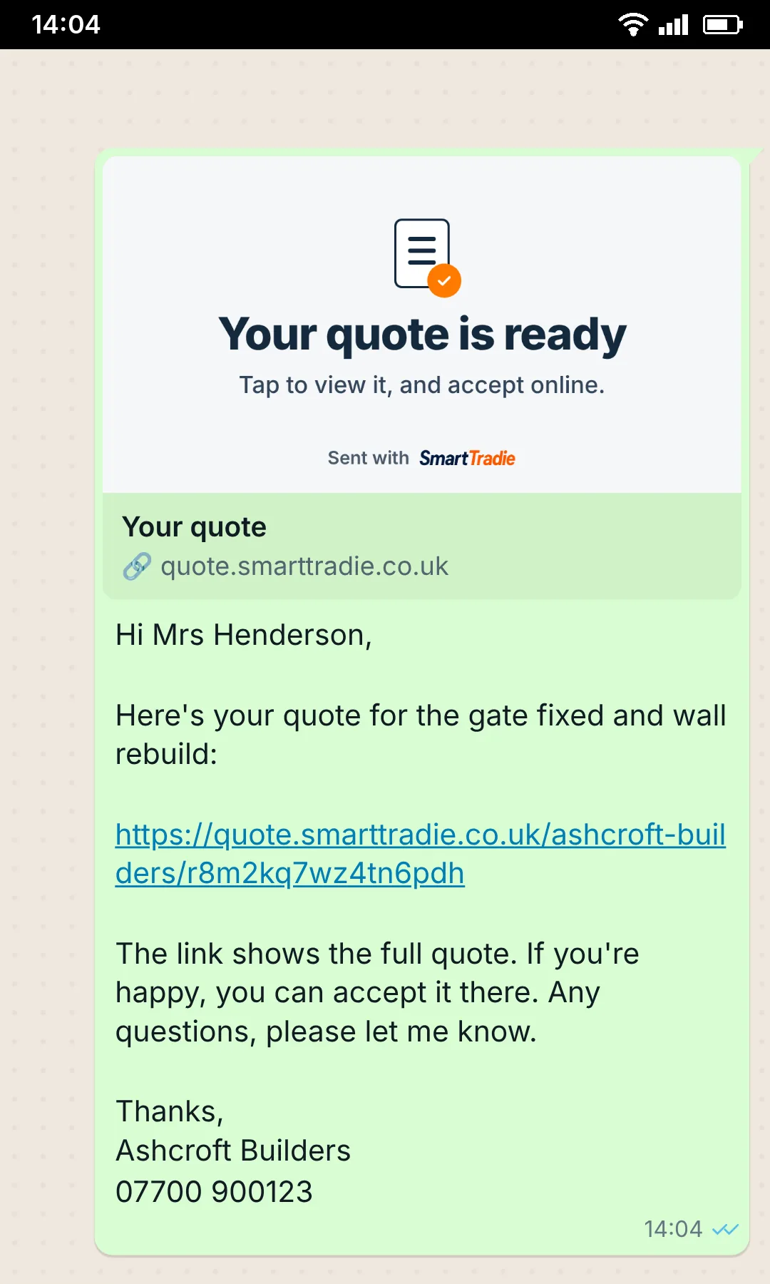 SmartTradie WhatsApp send screen for sharing a quote